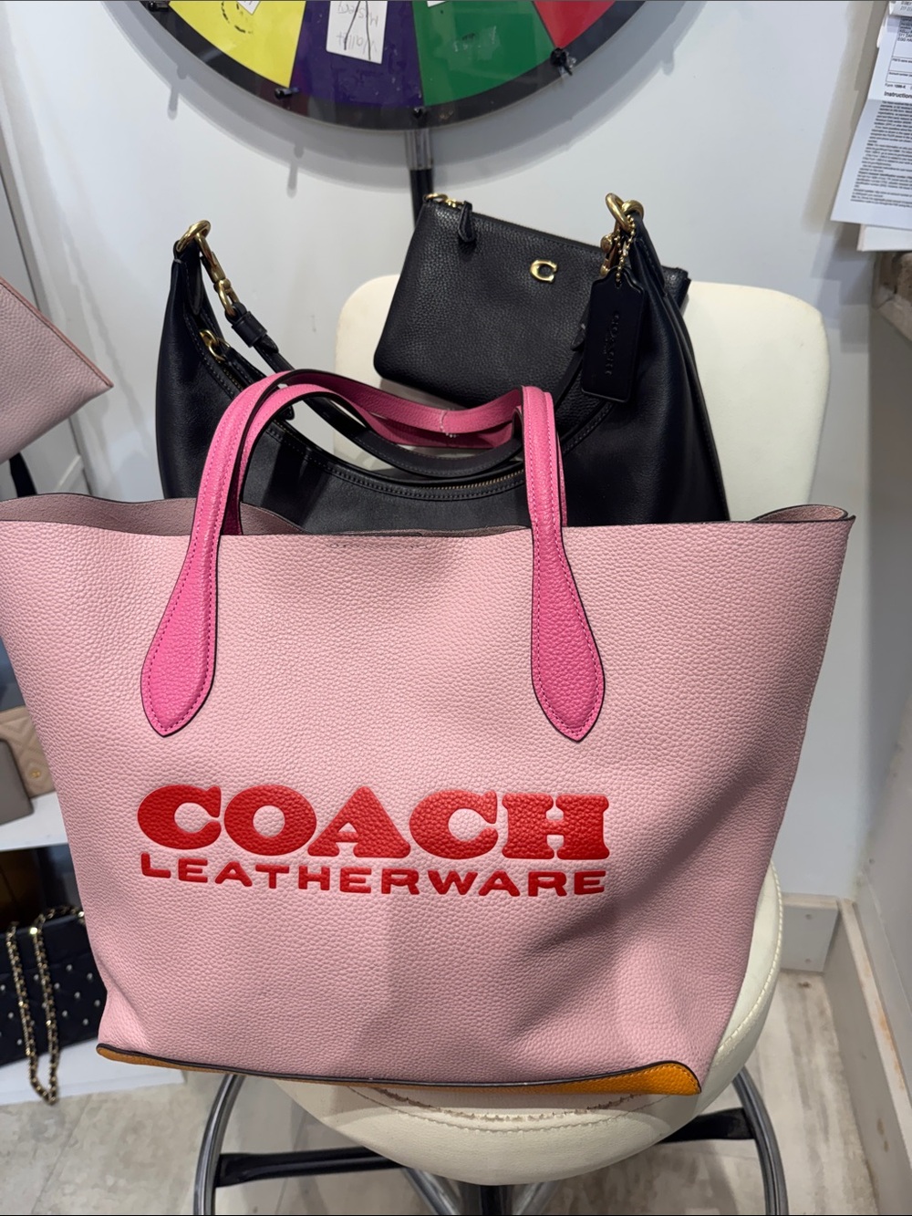 COACH Pink Tote with Red Logo and Hot Pink Handles